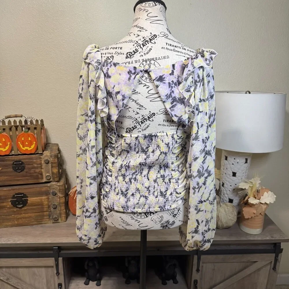Free People Mabel Floral Tie Blouse Lilac Balloon Sleeve Sz S Boho Cottage